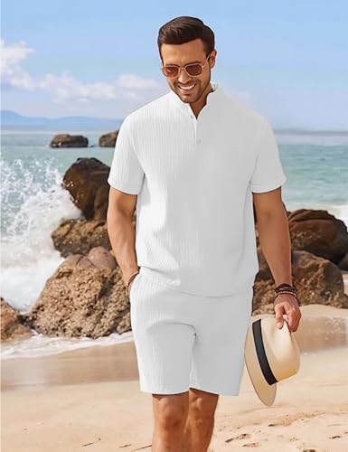 Men's Summer Beach Outfits 2 Piece Vintage Short Sleeve Henley Shirts and Shorts Vacation Texture Sets for Men4