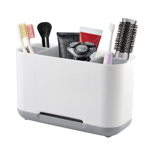 FHISKUNYU Soporte Cepillo de Dientes Eléctrico & Vaso Cepillo de Dientes Baño con 5 Compartimentos Ajustables, Base Antideslizante y Sistema de Drenaje – Blanco, 19x9x12 cm