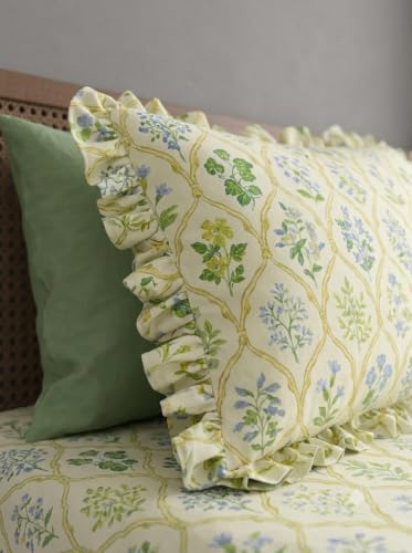 Image of DECOMIZER 300 TC Soft Cotton Feel Microfiber All Around Elastic Fitted Super King Bedsheet with 2 Frill Pillow Covers King Size (72x78) Fits Upto 12 inches Mattress | Yellow Jaipuri