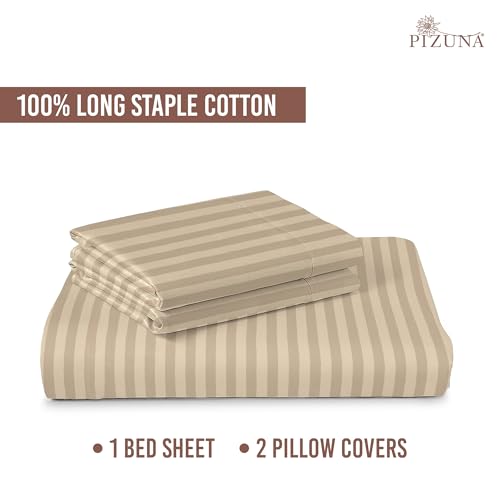 Image of Pizuna 100% Cotton Bedsheet Super King Size with 2 Pillow Covers, 300 Thread Count Long Staple Cotton, Stripes Pattern Flat Bed Sheet 108X108 Inch for Superking Bed, Taupe
