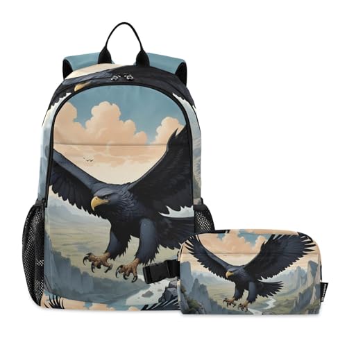 Black Bird Mountain Backpack Lunch Bag Set for Travel Hiking Picnic, Backpacks with Insulated Lunch Box