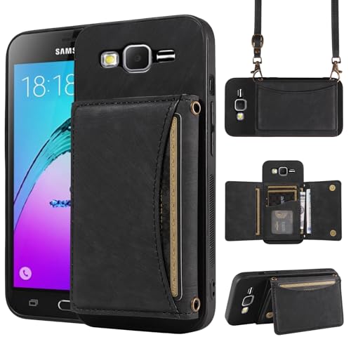 Phone Case for Samsung Galaxy Core Prime Wallet Cover with Crossbody Shoulder Strap and Leather Credit Card Holder Pocket Slim Stand Cell Accessories Mobile Flip Purse G360 G360M Women Girls Black