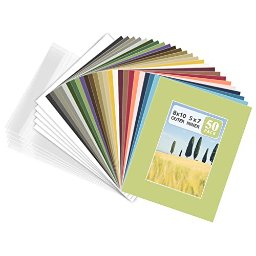 Golden State Art, Pack of 50 Mixed Colors Pre-Cut 8x10 Picture Mat for 5x7 Photo with White Core Bevel Cut Mattes Sets. Includes 50 High Premier Acid Free Mats & 50 Backing Board & 50 Clear Bags Golden State Art, Pack of 50 Mixed Colors Pre-Cut 8x10 Picture Mat for 5x7 Photo with White Core Bevel Cut Mattes Sets. Includes 50 High Premier Acid Free Mats & 50 Backing Board & 50 Clear Bags