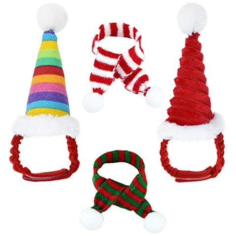 Jmkcoz 4 Stück Weihnachten Meerschweinchen Kostüm Haustier Santa Claus Mütze Schal rot bunt gestreift Pompon Hut Cover