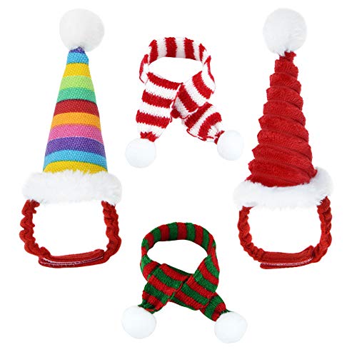 Jmkcoz 4 Pack Christmas Guinea Pig Costume Pet Santa Claus Cap Hat Scarf Red Colorful Stripe Pompom Scarf Hat for Guinea Pig Rabbit Hamster Chinchilla Hedgehog Kitten Ferrets Squirrel Small Animals