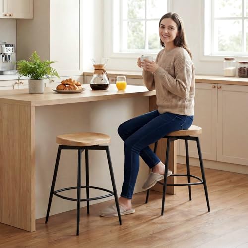 Image of 25'' Solid Wood Saddle Stools Set of 2, Swivel Counter Height Bar Stools Backless, Wooden Bar Stools with Metal Legs and Ergonomics Seat for Kitchen Island, Unstained Raw Wood