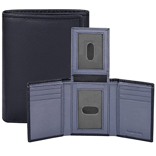 Real Leather Mens Trifold Wallet RFID Blocking Slim Minimalist Front Pocket - Thin & Stylish with ID Window in Gift Box, Black/Navy Slide, Trifold
