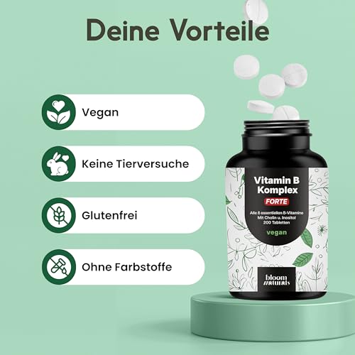 Vitamin B Komplex Hochdosiert – 200 Tabletten – Alle 8 Essentiellen B-Vitamine (B1, B2, B3, B5, B6, B7, B9, B12) mit Cholin & Inositol – Vegan & Produziert in Deutschland - Laborgeprüft