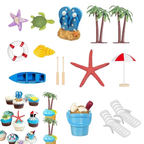 Decoración De Pasteles De Playa - Juego De Topper De Cupcake En Miniatura De Quince Piezas, Acentos Tema De Sombrilla Con Palmeras Para Tumbona, Para El Estilo De Postre De Fiesta | Fe