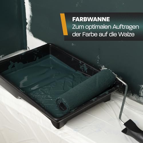 Hinrichs Malerset Streichen 12-teilig - Farbroller Set mit Farbwanne, Abstreifgriff, Abdeckplane, Kreppband, Pinsel, Farbroller Wandfarbe, Steckbügel - Streichen Zubehör - Maler Roller Set