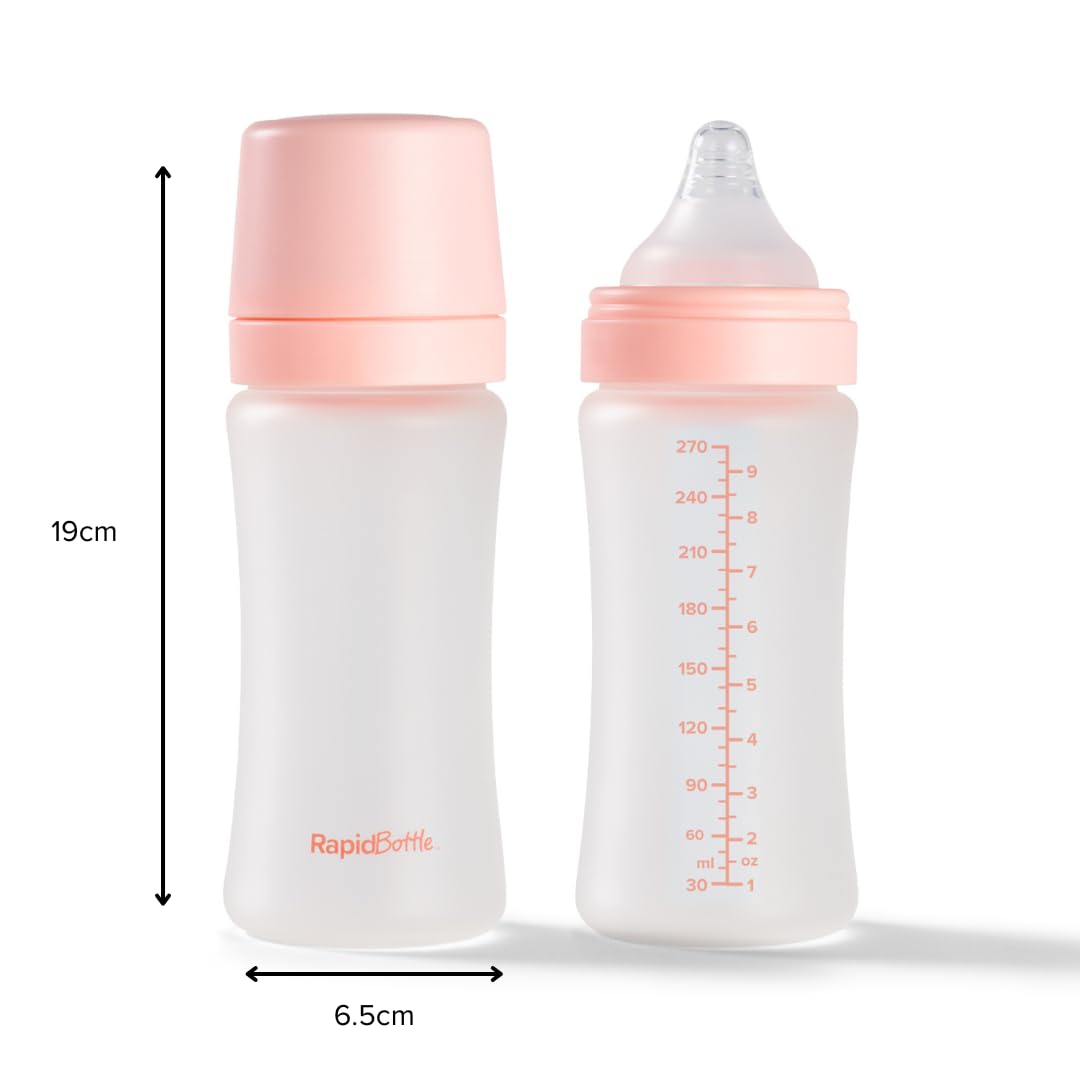 Nuby RapidBottle - Confezione da 2 biberon in vetro anti-coliche, con tettarella in silicone rivestito in silicone, alimentazione rapida, senza microplastiche, sterilizzazione rapida, 255,1 g (rosa)