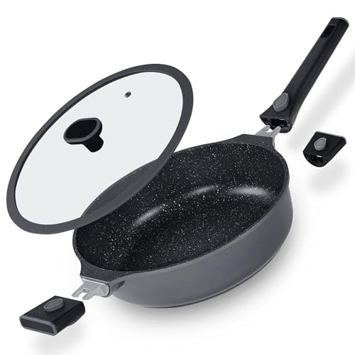 STONELINE SMART Schmorpfanne 28 cm, 4 L Servierpfanne Große Pfanne mit Deckel, Abnehmbarer Griff, Aluguss Pfanne Induktion, Alle Herdarten, Antihaftbeschichtung mit echten Steinpartikeln, Grau