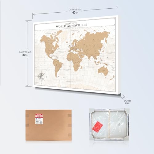Image of IPIC - Vintage World Map Pin Board Canvas Wall Art, Travel Map with Pins Included, Ready to Hang for Home or Office, 40x30 Inch