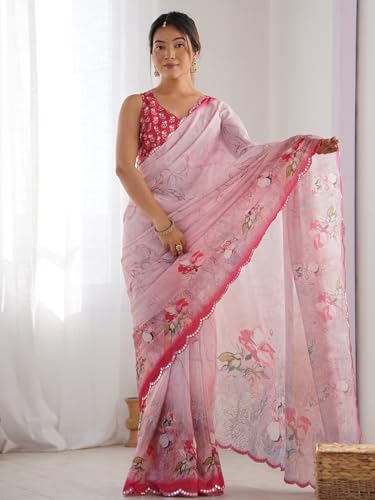 Image of Panzora Women's Chinon Printed Saree With Unstitched Blouse Piece