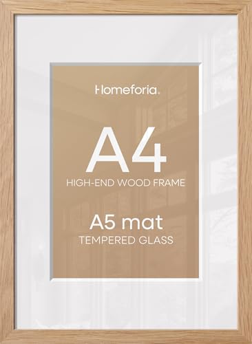 Image of Homeforia A4 Natural Oak Picture Frame, High-End Wood, A5 Mat, Glass | High End Solid Oak Wood, Tempered Glass, Acid-Free A5 Removable Mat, A4 Edge-to-Edge Display, Wall Kit, Set Of 3