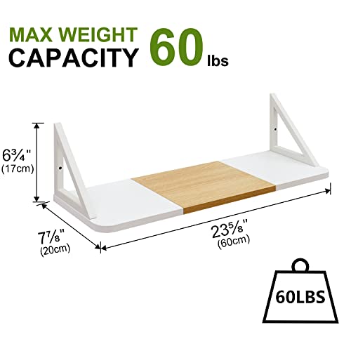 Teamix Set Of 2 White Floating Shelves 23.6 Inch, Wood Wall Mounted Book Shelf Hanging Shelf Organizer With Heavy-Duty Brackets For Living Room, Bathroom, Kitchen, Bedroom (White+Maple) #TOP2