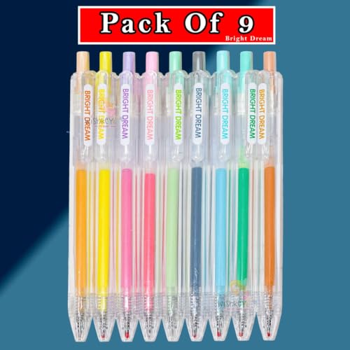 Image of WISHKEY Colorful Retractable Gel Pen Combo for Kids, Stationery Pen Set for Boys & Girls, Highlighter for Class Drawing, Project, Journaling, Art and Craft for School Students (Pack of 9, Multicolor)