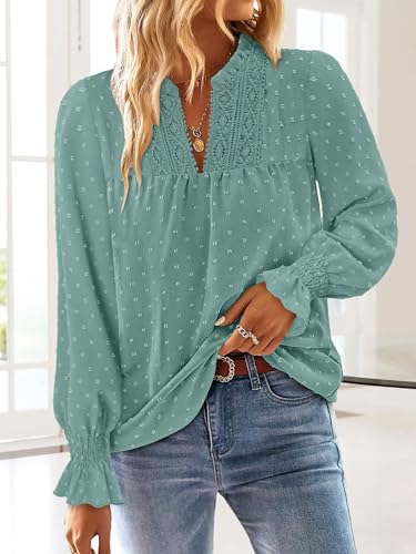 BETTE BOUTIK Women Boho Long Sleeve Shirts Dressy Casual V Neck Fall Fashion Tops Swiss Dot Flowy Blouses