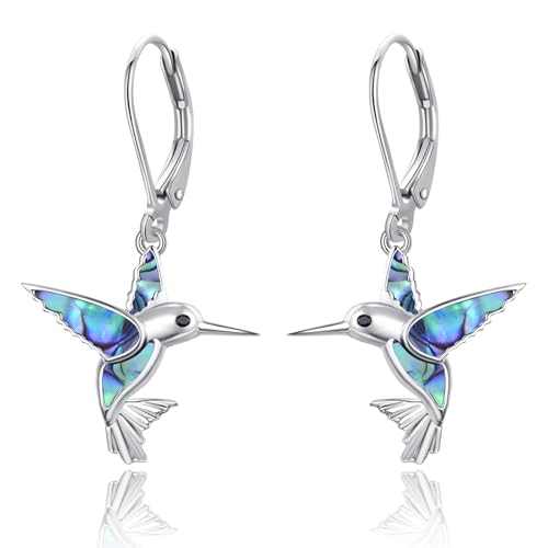 Dreamboat Hummingbird Bird Leverback Earrings for Women 925 Sterling Silver Abalone Shell Dangle Drop Earring Jewelry Gifts for Hummingbirds Lovers