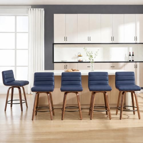 Image of Swivel Bar Stools Set of 5,26 inch Faux Leather Counter Height Barstools with Back,Mid Century Modern Upholstered Bar Chairs with Bentwood Legs Island Stools for Kitchen Counter Darkblue