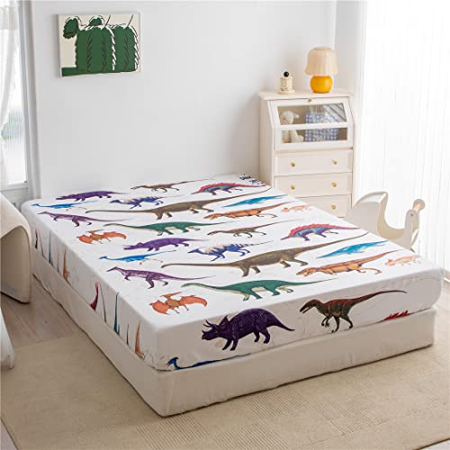 Mkikejoy Colorful Dinosaurs 3 Piece Kids Sheets 1 Fitted Sheet 1 Flat Sheet And 1 Pillowcase Microfiber Decorative Breathable Bed Sheet Set #TOP3