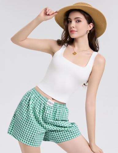 Image of LOMON Womens Boxer Shorts Casual Summer 2026 Pajama Lounge Sleep Pj Gingham Plaid Shorts Y2K Beach Bottoms