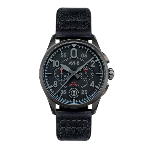 AVI-8 Herren 42mm Spitfire Lock Chronograph Slate Black Japanische Quarz-Fliegeruhr mit Lederarmband AV-4089-03