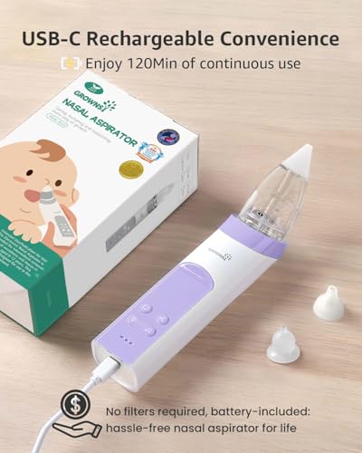 Image of GROWNSY Nasal Aspirator for Baby, Electric Baby Nose Sucker, Automatic Nose Cleaner with Larger Suction Chamber and More Powerful Suction, Music and Light Soothing Function, Purple