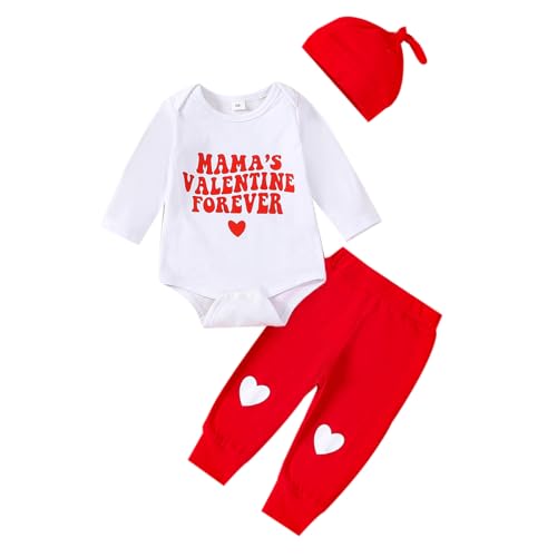 Image of Newborn Valentines Day Outfit Baby Boy My First Valentines Day Outfits Onesie Romper+Pants+Hat Infant Clothes Set (Mamas VALENTINEN Forever RED, 0-3 Months)