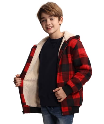 GEEK LIGHTING Fleecejacke Kariert Kinder Sweatjacke mit Kapuze Gefüttert Jungen Kapuzenpullover mit Reißverschluss Winterjacke Dicke Warme Hoodie Jacket L