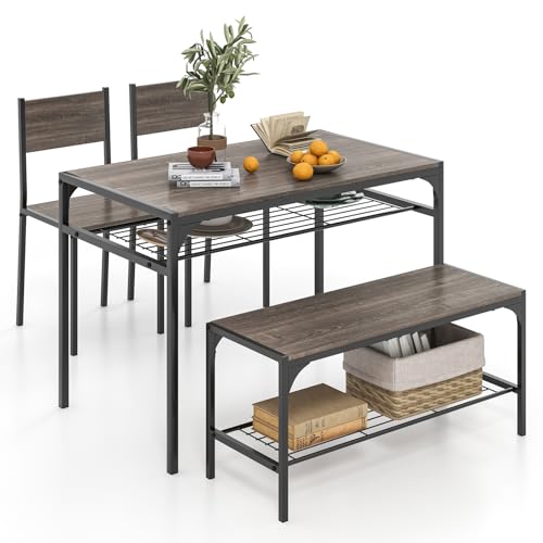 Image of Giantex Dining Table Set for 4, Kitchen Table with Chairs & Bench, Storage Racks, Metal Frame, 4-Piece Space-Saving Dinette Set for Dining Room, Breakfast Nook, Small Space, Apartment, Grey