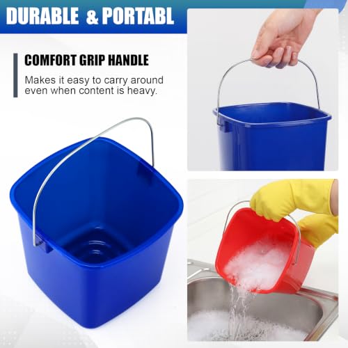 Image of Zhehao 6 Pcs 3 Quart Bucket for Cleaning Small Sanitizer Bucket for Restaurant Square Plastic Pail with Handles for Home, Offices, Commercial Use, Food Service(Red,Dark Blue)