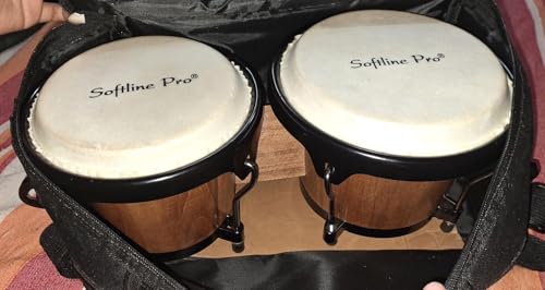 Image of Softline Pro SP-BNG Bongo Drum Set with Tuning Wrench Professional Wooden Percussion Instrument for Beginner Adults Kids (Natural Skin) (Tobacco)
