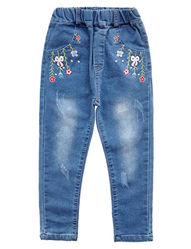 Image of Big Girls Letters Decor White Knitted Pullover Wahsed Flowers Embroidery Jeans Pants Set
