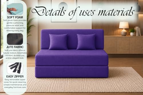 Image of Sofa Cum Bed with Jute Fabric, Convertible Two Seater Sofa Bed 4x6 Ft, Comfortable Cushioned Seating, Space Saving Design for Living Room, Bedroom & Guest Room - Purple Color