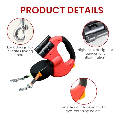 Doppelte Einziehbare Hundeleine, 3 M Hundeleine Doppelleine, Automatische Hund Versenkbar Leine, Rollleine Hundeleine mit LED Licht, Doppelköpfe Hundeleine für Katzen Kleine Hunde (Rot)