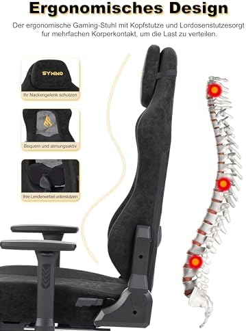 8. Bild von Gaming Stuhl mit Atmungsaktive Ausgeschnittene Rückenlehne, Ergonomisch PC-Stuhl Wippfunktion von 12°, Gaming Sessel mit 3D-Lendenwirbelstütze, Vintage-PU-Leder 90-155°, Schwarz