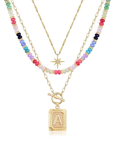 MJartoria Layered Initial Necklaces for Women Trendy, 14K Gold Plated Simple Star Choker Square Letter Pendant Necklace, Colorful Beaded Necklace, Gold Necklaces Jewelry Gifts (A., Gold Plated)