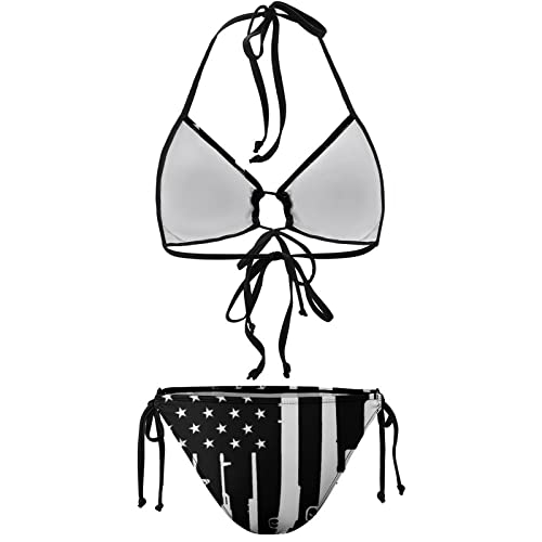 Women Two Piece Swimsuit Gun Design American Flag Swimwear Halter String Sexy Triangle Bikini Sets Swimsuit Bathing Suits, Black And White,Xl #TOP6