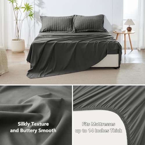Image of HIMEET Queen Comforter Set - 7 Pieces Seersucker Bed in a Bag, Boho Bedding Sets for Bedroom Decor, All Season Home Essential Bed Set with Comforter, Sheets, Pillowcases & Shams, Dark Grey