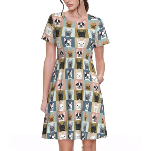 Robe d'été décontractée bouledogue français pour femme à manches courtes