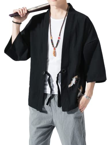 Image of Men's Japanese Kimono Cardigan Loose Cotton Linen 3 /4 Sleeve Open Front Casual Summer Shirt Jackets