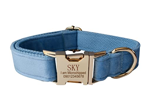 Velvet Dog Collar Personalized With Name Phone Number Engraved, Custom Pet Collars With Metal Buckle(Sky Blue, S) #TOP9