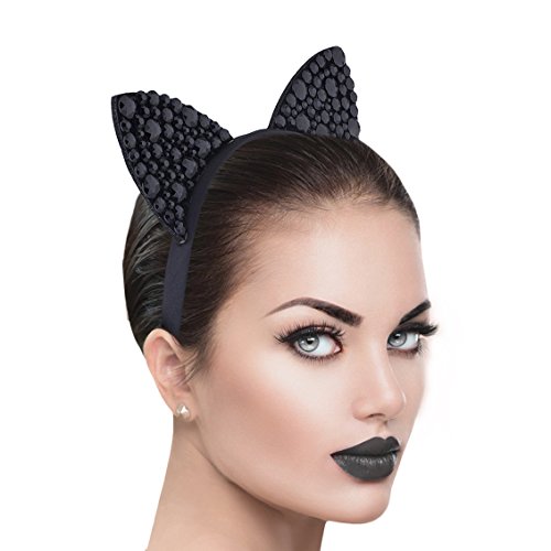 Lux Accessories Halloween Black Fabric Stone Kitty Cat Ears Cosplay Headband