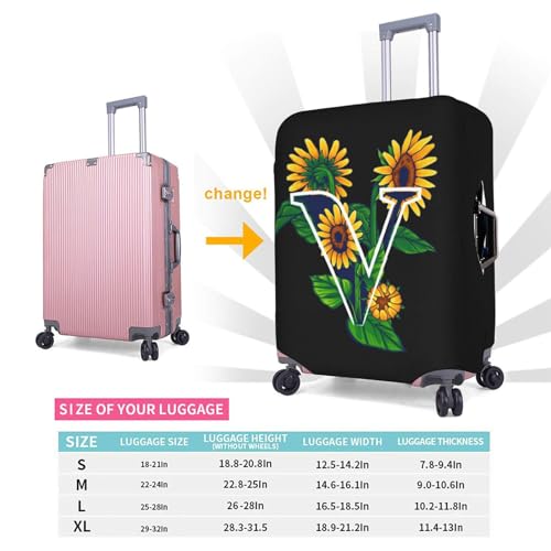 Sunflower Initial Name V Black Luggage Cover Elastic Washable Stretch Suitcase Protector Anti-Scratch Travel Suitcase Cover for Kid and Adult L (Fit 25-28 inch suitcase)2