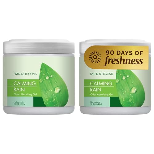 SMELLS BEGONE Air Freshener Odor Absorber Gel - 15 oz, Pack of 2 - Absorbs and Eliminates Odor in Pet Areas, Bathrooms, Cars, & Boats - Made with Essential Oils - Calming Rain Scent