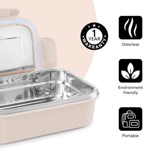 Image of Larah by BOROSIL Freshbyte Food Storage Container with Airtight Stainless Steel Lid | Fridge Container for Lunchbox | Food Grade | Microwave Safe (Beige, 800 ml, Rectangular)