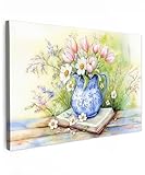 MuchoWow© Cuadros Decoracion Salon Modernos 60x40 cm para Dormitorios Cuadro Decorativos de Salon Lienzos Decorativo Canvas Wall Art Decoracion Modernos Jarrón - Delftware - Margaritas