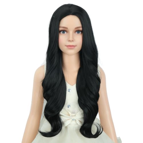 PATTNIUM Child Kids Black Wig Long Wavy Black Wig for Kids Girls Long Synthetic Wig with Wig Cap