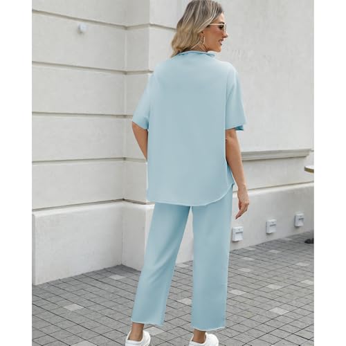 Image of SeeLuNa Women's Two Piece Outfits 3 /4 Batwing Sleeve Capelet Crew Neck Pullover Top Wide Leg Pants Lounge Set
